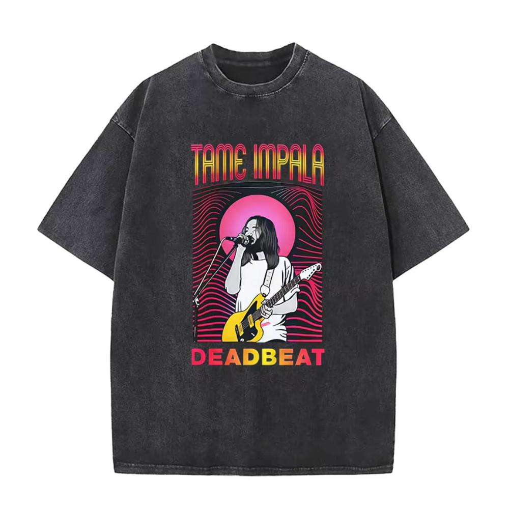 Tame Impala Tour Album Vintage Washed Tshirt Mens Hip Hop Gothic Tshirts Casual Oversized Short Sleeve T Shirt Streetwear