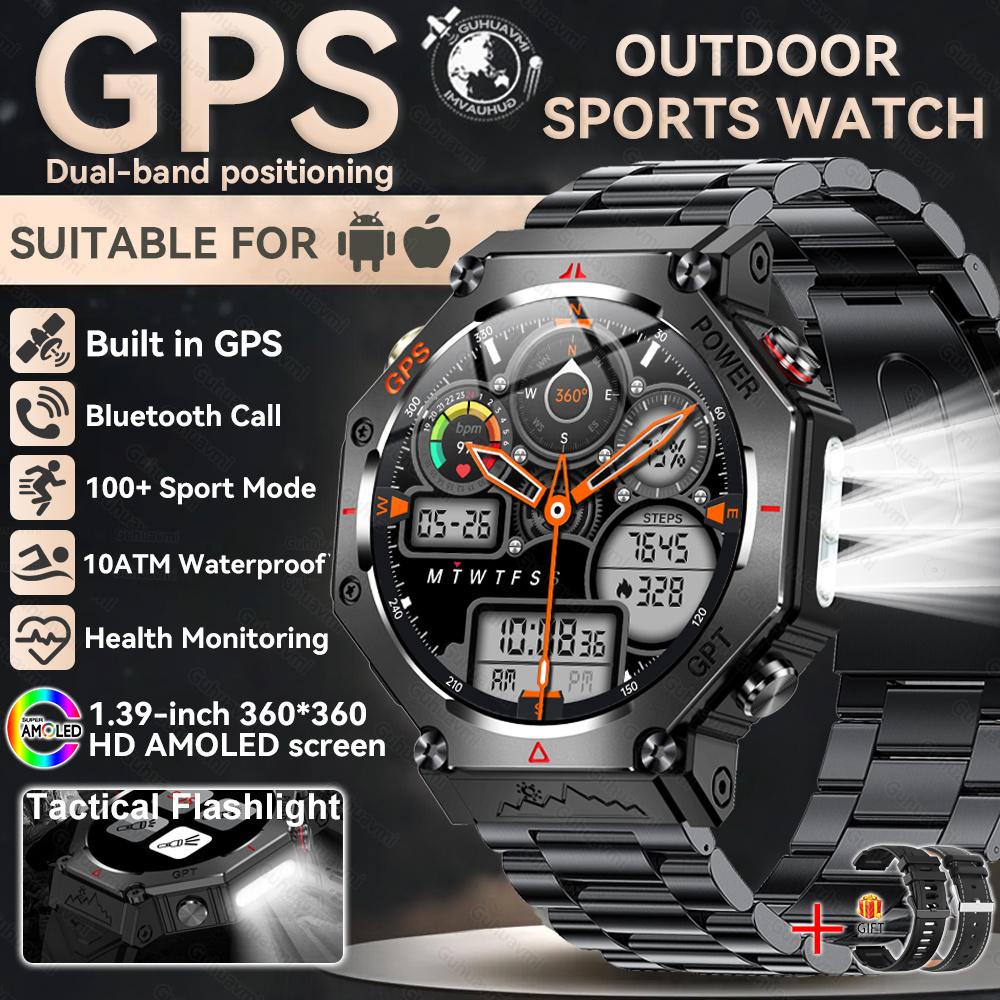 New Bulit-in GPS Outdoor Smart Watch Men Flashlight compass BT call Heart rate 10ATM Waterproof  Sports Smart watch
