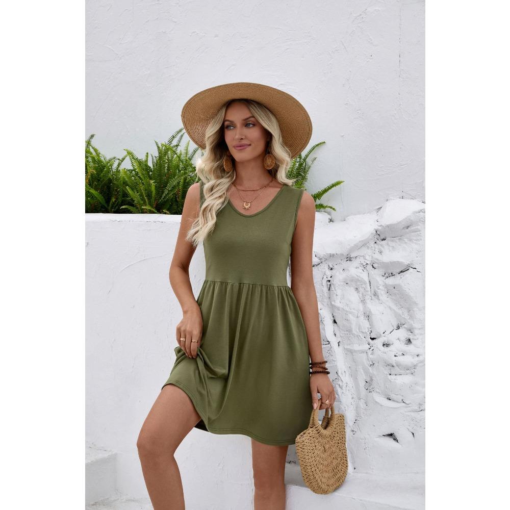 Women's Casual V Neck Sleeveless A-Line Tank Dress with Ruched Waist for Summer Beach