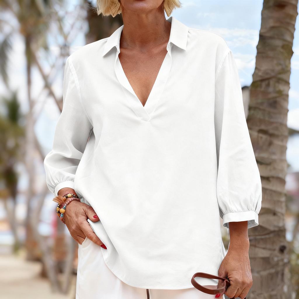 Women's Fashionable Solid ColorV Neck Long Sleeved Casual Pullover T-shirt Top