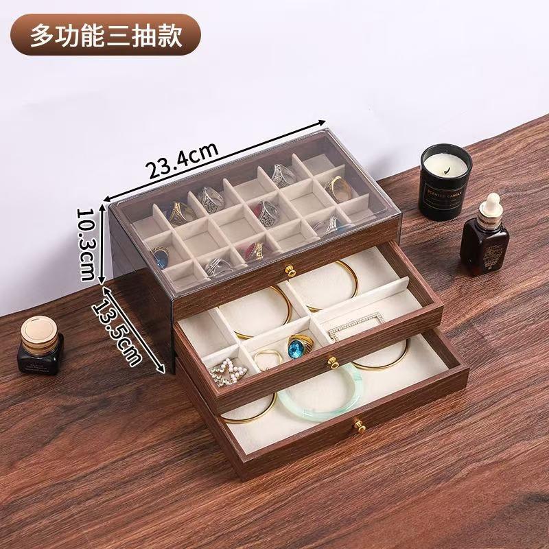 Vintage Wooden Jewelry Box Three Layer Wooden Drawer Storage Box Velvet Lined Display Box Multifunctional Acrylic Storage Boxs