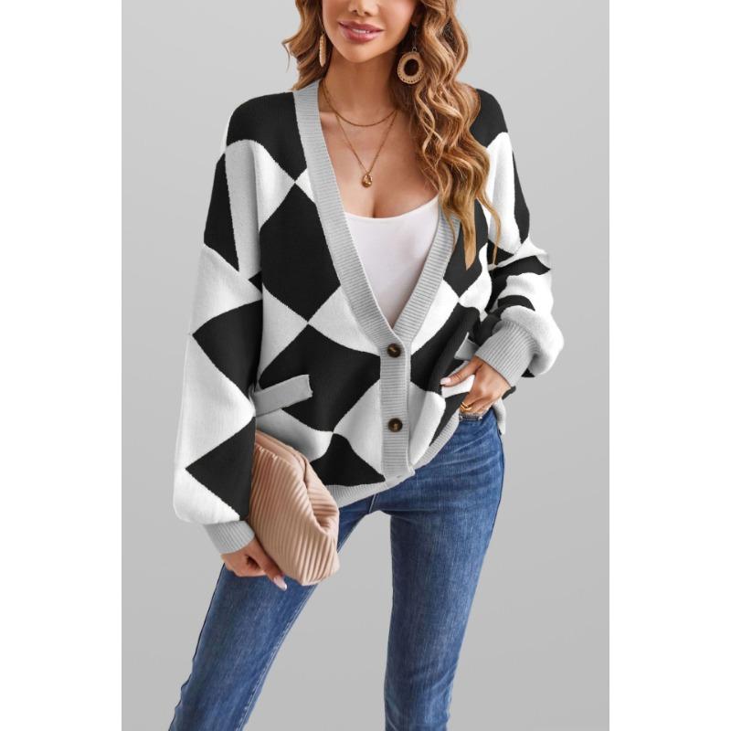 Women S V Neck Lantern Sleeve Loose Knit Cardigan Sweater Autumn Winter