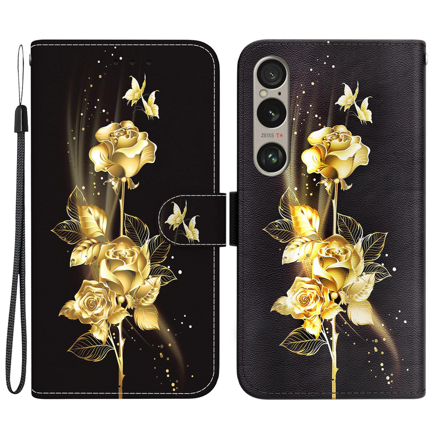 

For Sony Xperia 1 VI Case Cash Compartment PU Leather Pattern Phone Cover Gold Butterfly Rose