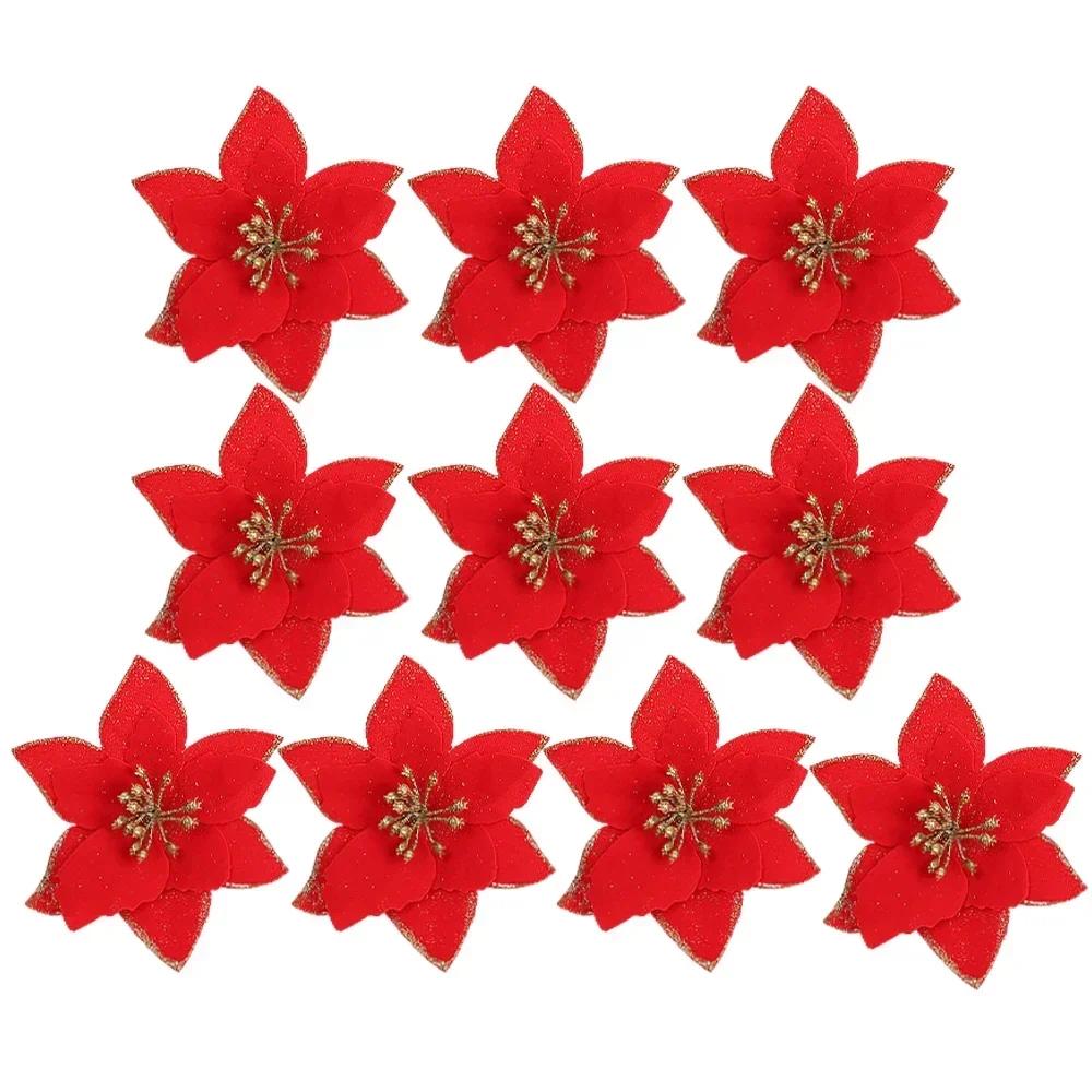10/50 Stück Künstliche Weihnachtsblumen Mehrfarbig Rot Glitzernde Kunstblume für Weihnachtsbaumschmuck Neujahrsparty Heimdekorationen