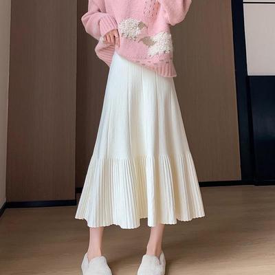 Women's Autumn/Winter 2025 High Waist Knitted Pleated Midi Skirt - Petite A-line Slimming Design