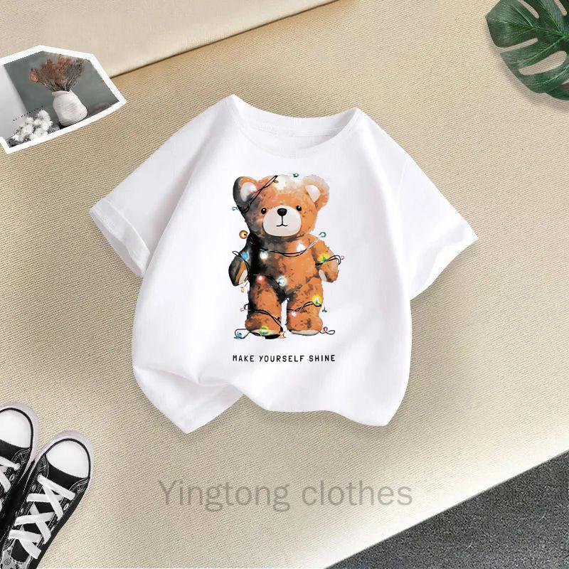 Summer Clothes for Boys and Girls, Short Sleeved T-shirts, Summer New Styles, Teddy Bear Printed Girls' Tops, Children's Clothing Trend
