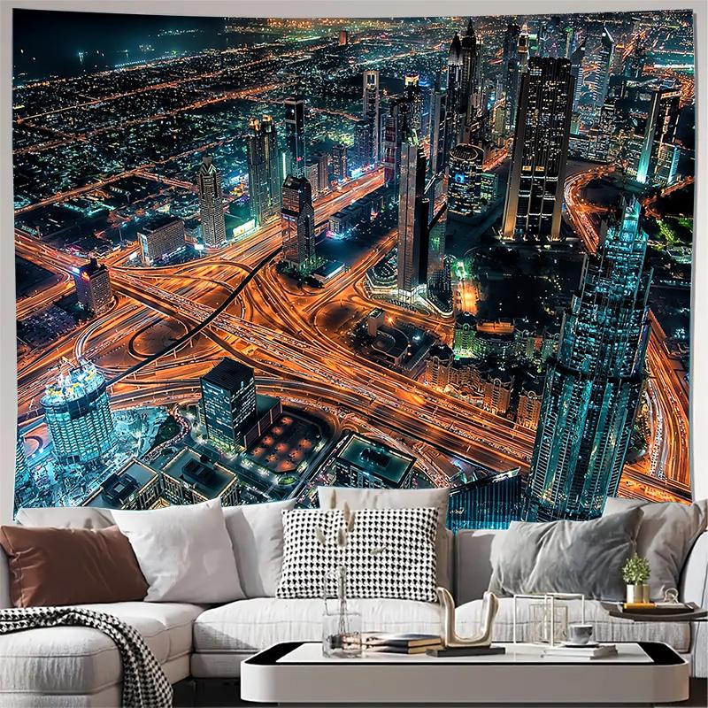 City Night Skyline Urban Landscape Wall Tapestry Machine Washable All Season Decor  Print Modern Design Home Simple Installation