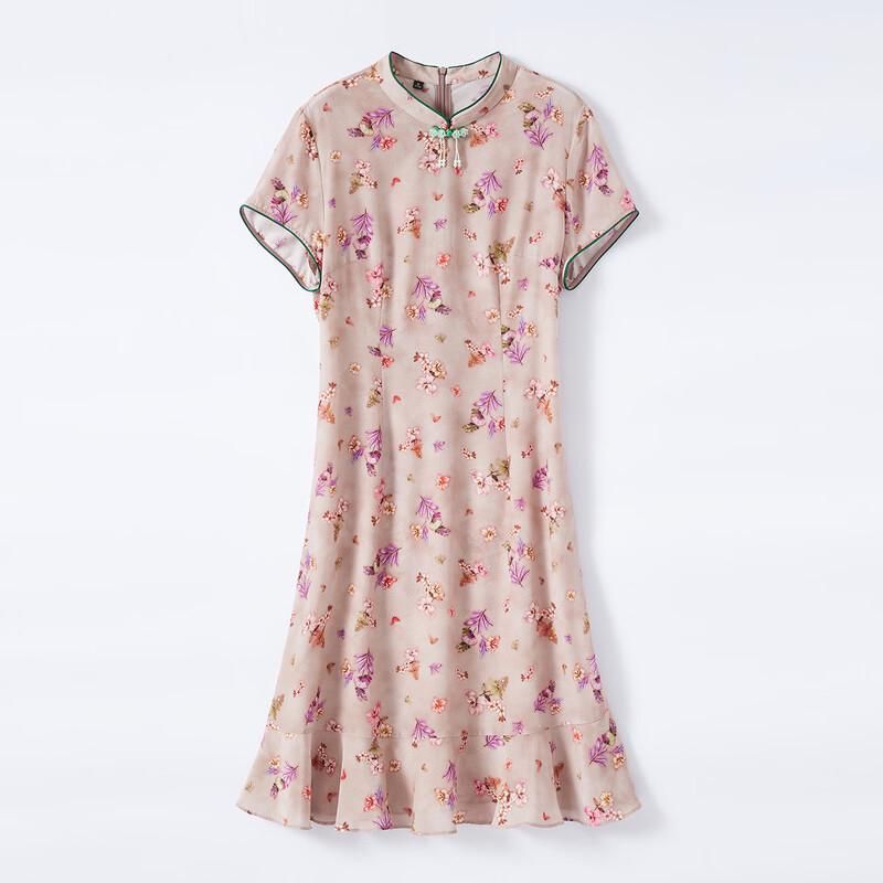 Snowforte Women s Floral Silk Stand Collar A-Line Dress M