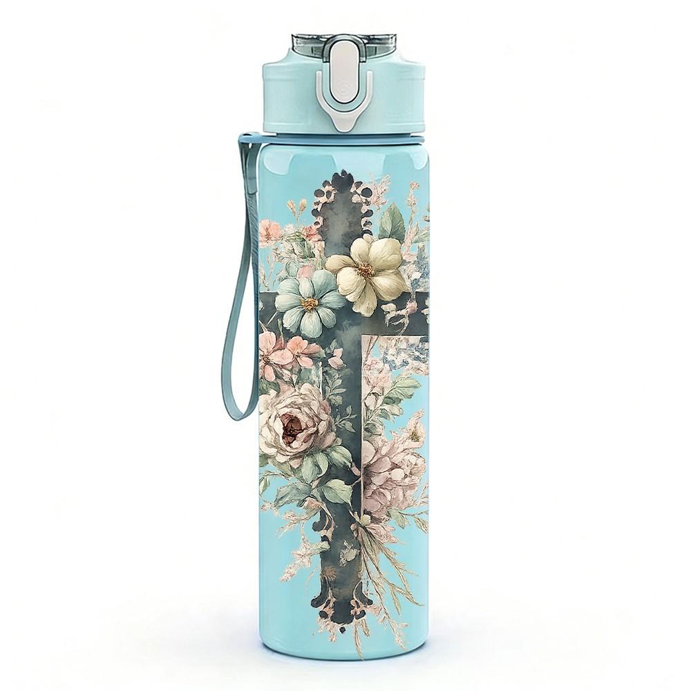 1PC Floral Cross Religious Faith Art Print 750ml Color Plastic Sports Water Bottle Leakproof Flip Straw Lid Suitable for Sports Office Home Use