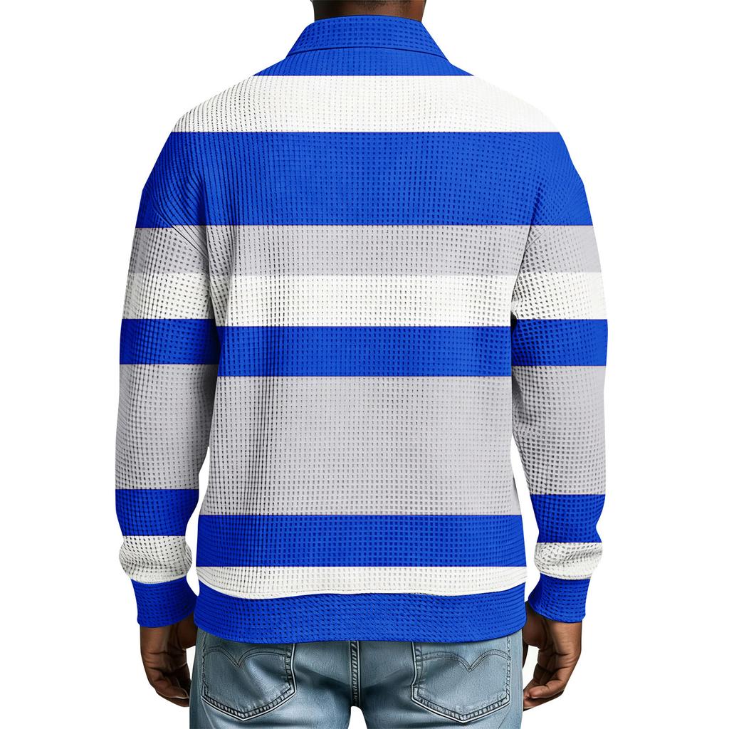 Men's Striped Single Breasted Long Sleeved Shirt With Collar And Pockets  Casual Sports T,shirt