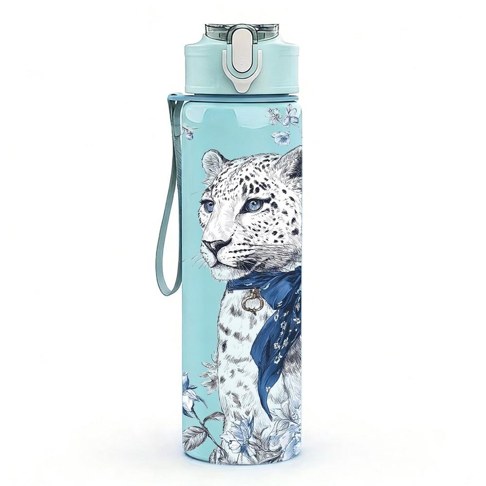 1PC Snow Leopard Realistic Wild Animal Portrait 750ml Color Plastic Sports Water Bottle Leakproof Flip Straw Lid Suitable for Sports Office Home Use