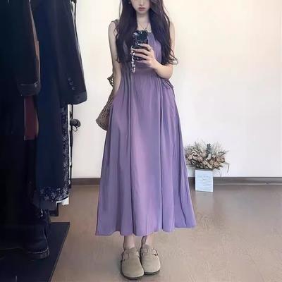 French Gentle Purple Sleeveless Spaghetti Strap Dress for Women, Summer Elegance Drawstring Waist-Cinching Slimming Camisole Long Dress