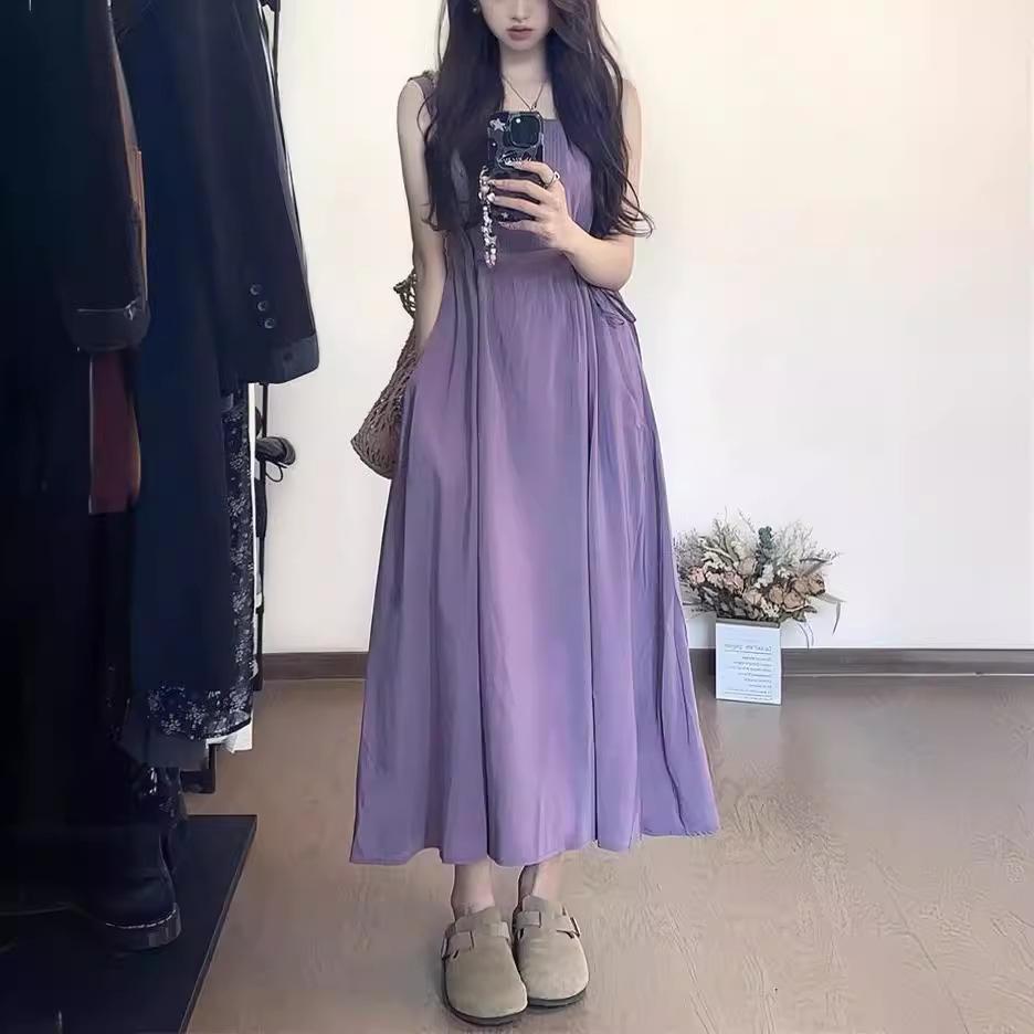 French Gentle Purple Sleeveless Spaghetti Strap Dress for Women, Summer Elegance Drawstring Waist-Cinching Slimming Camisole Long Dress