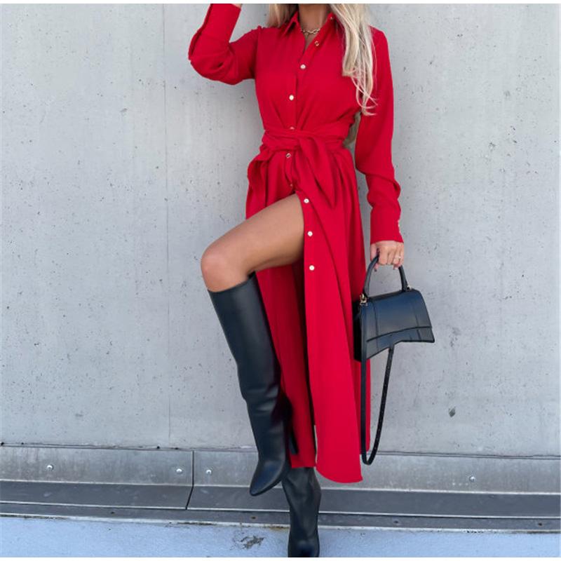 Women Solid Color Turn-Down Collar Dress Waist Lace-up Large Hem Single Breasted Shirt Ladies Maxi Dresses