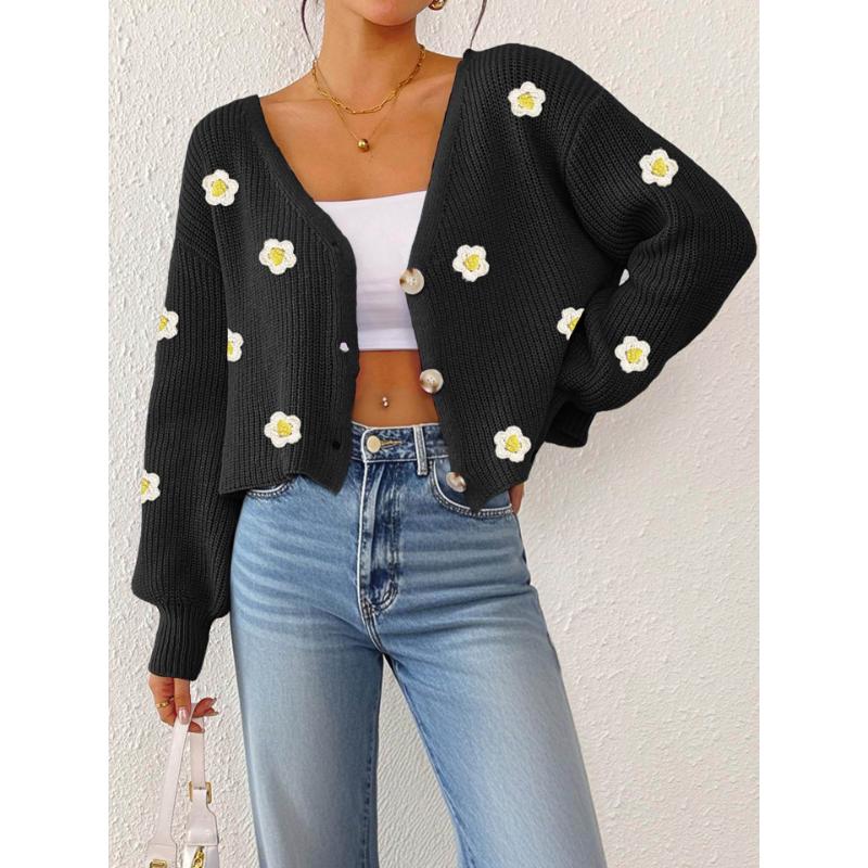 Damen Strickjacke Handgehäkelt Dreidimensionale Blumen-Patchwork Kurzer Mantel Locker Langärmlig Pullover