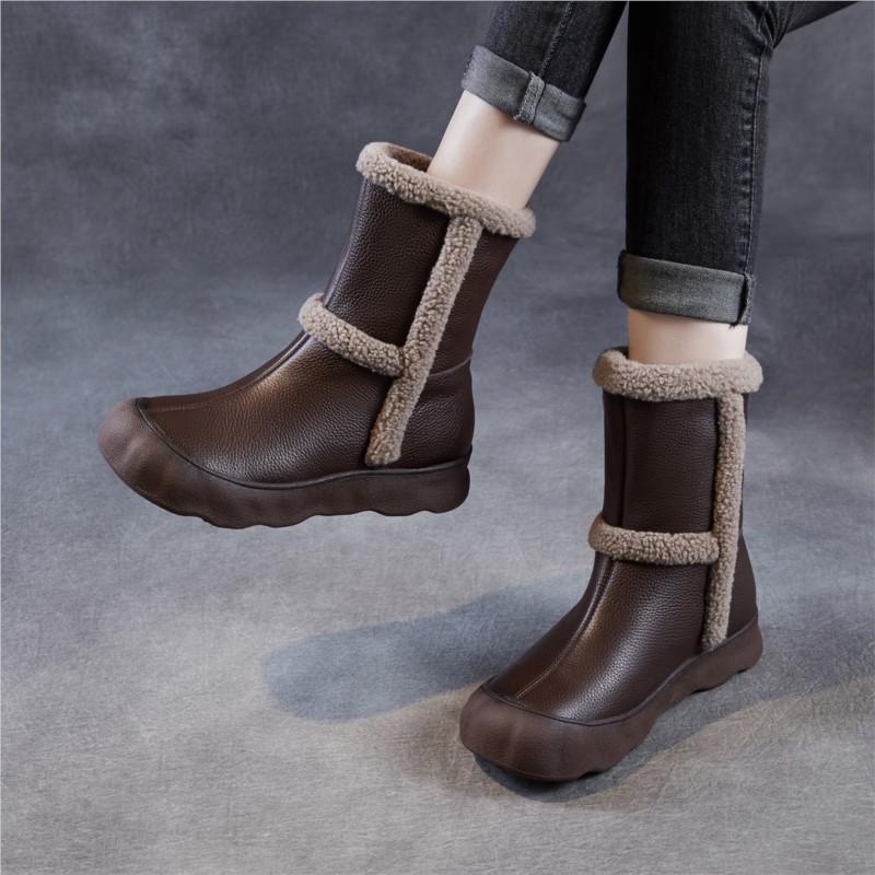 Johnature Genuine Leather Plush Thickened Women's Mid-calf Boots Casual Soft Soled Warm Cotton Shoes