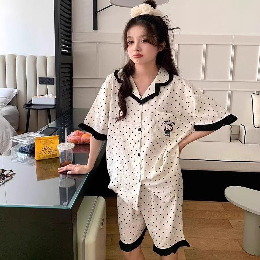 

Korean version of sweet black polka dot pajamas women s summer short-sleeved shorts ins style suit lace can be worn outside loungewear S
