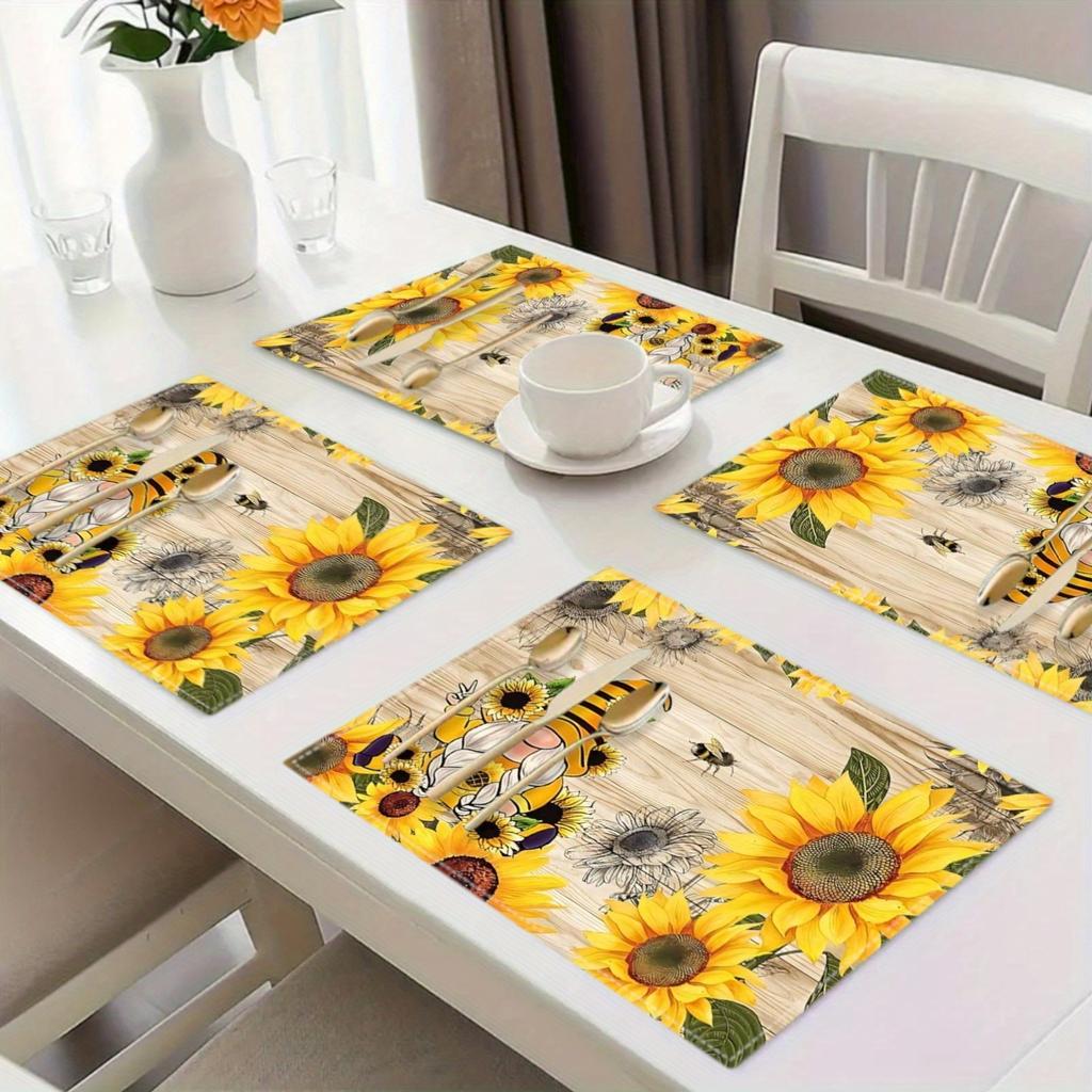 4pcs/1 Set Linen Placemats, Sunflower and Gnome Design Placemats, Table Decor, Home Decor, Party Catering Decor, Holiday Placemats, 12x18 Inch