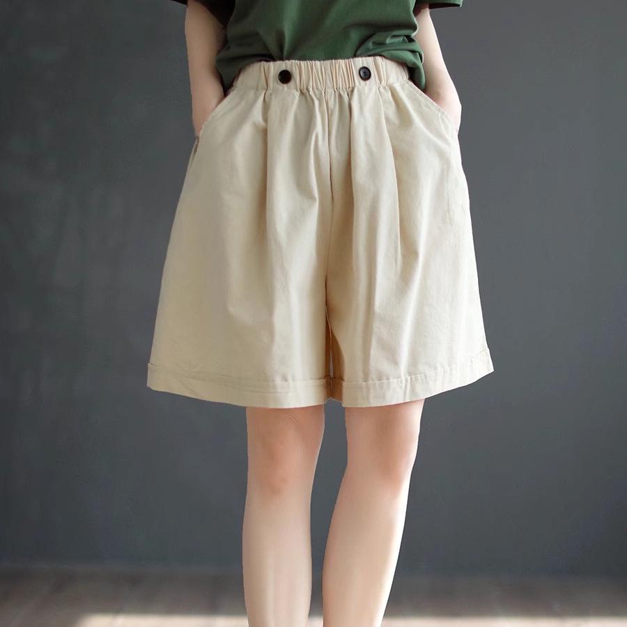 Women's Plus Size Cotton Retro Cargo Shorts - Multi-Color, Wide-Leg, Elastic Waist, Loose Fit, Versatile Five-Point Pants