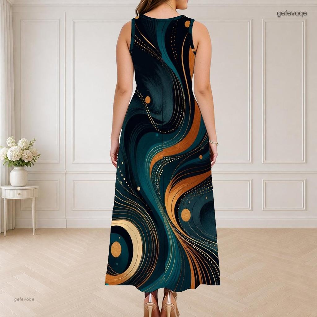 Women Plus Size Round Neck Triple Keyhole Cutout Sleeveless Galaxy Print Long Maxi Dress