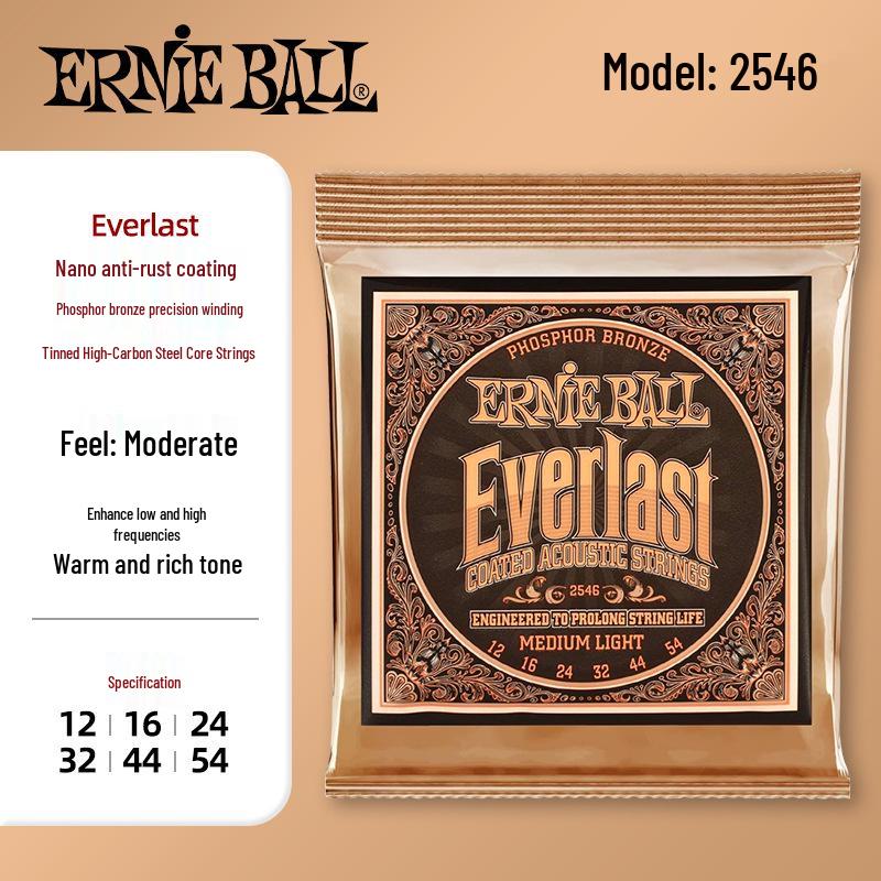 Ernie Ball Phosphor Bronze Coated Folk Guitar Strings, Rust-Proof Set of 6.