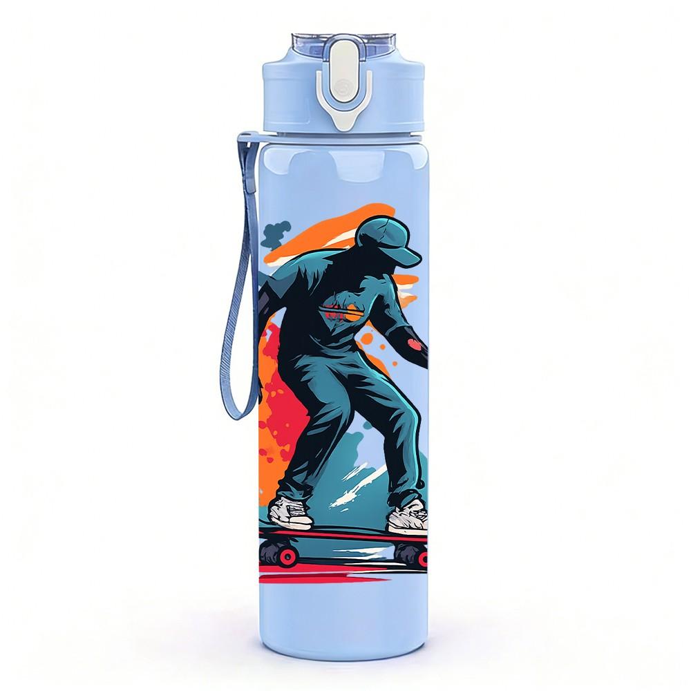 1PC Cool Skateboard Boy 750ml Color Plastic Sports Water Bottle Leakproof Flip Straw Lid Suitable for Sports Office Home Use