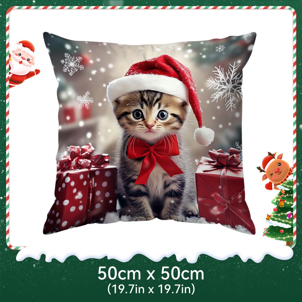 Christmas Themed Cat Pillowcase Bedroom Sofa Cushion Cover 100% Polyester Living Room Cushion Pillowcase Home Decor