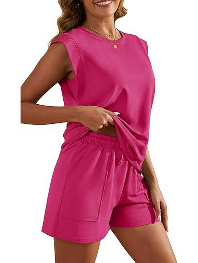 Women's 2026 Summer Solid Color Two-Piece Set: Round Neck Top & Pocket Shorts