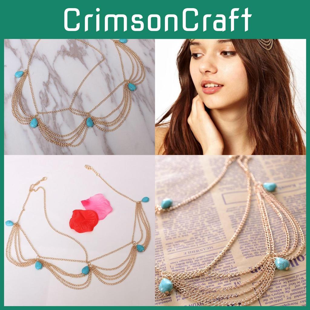 Fashionable Simulated Turquoise Decor Multi Layer Chain Design Women Headwear For Summer Wear