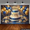 2D planar dark blue gold luxurious birthday party backdrop with a three-tier cake and "Happy Birthday" at the center.PMJ