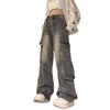 Vintage Washed Multi-Pocket Cargo Jeans for Women High Waist Streetwear Loose Wide Leg Trendy Designer Denim Trousers