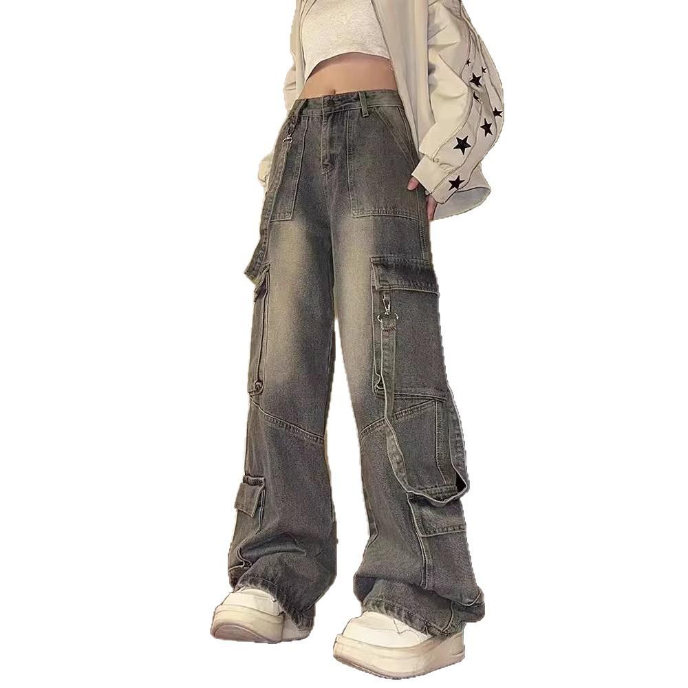 Vintage Washed Multi-Pocket Cargo Jeans for Women High Waist Streetwear Loose Wide Leg Trendy Designer Denim Trousers