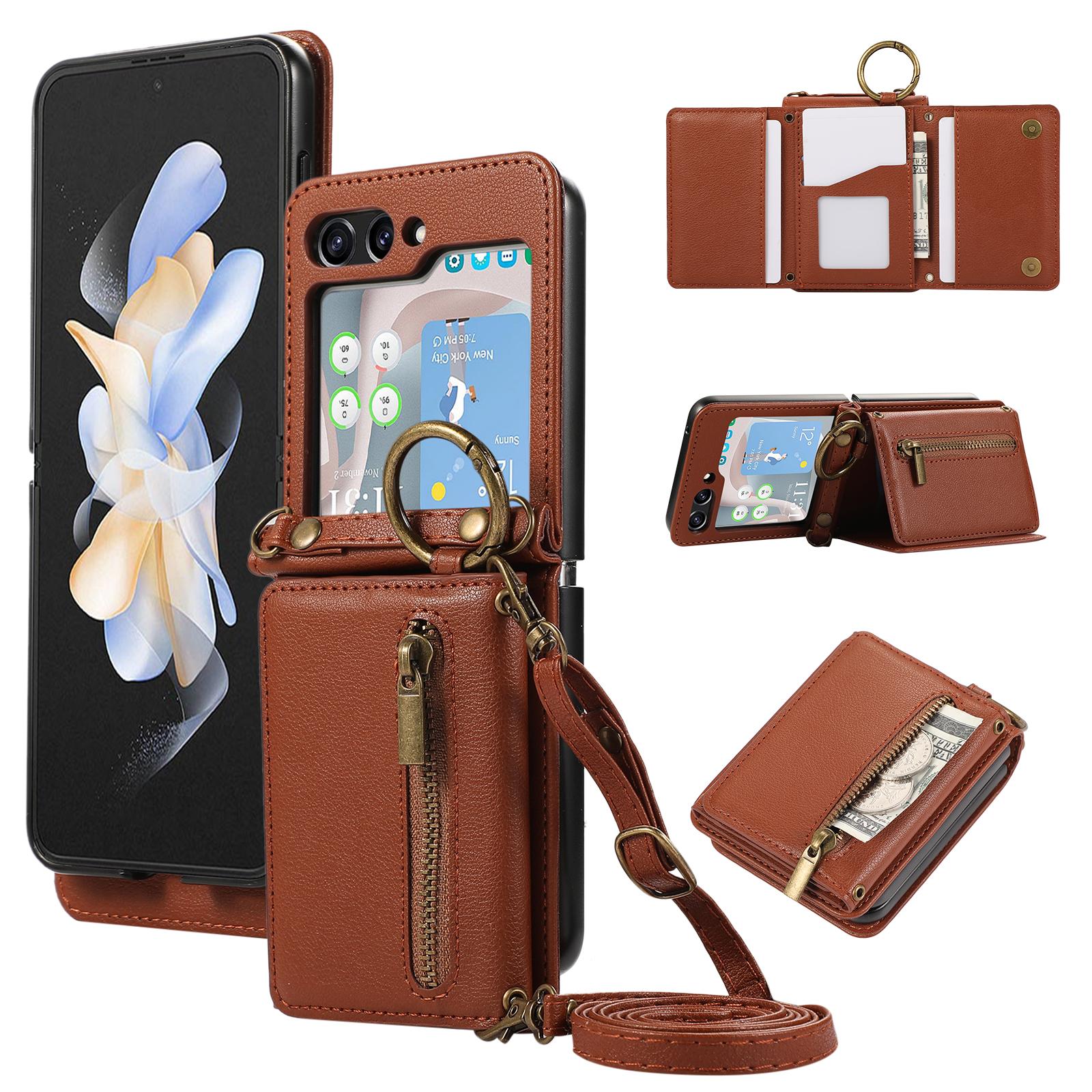 

For Samsung Galaxy Z Flip7 FE 5G/Z Flip6 5G Leather Back Cover Zipper Wallet Kickstand Phone Case with Shoulder Strap Brown
