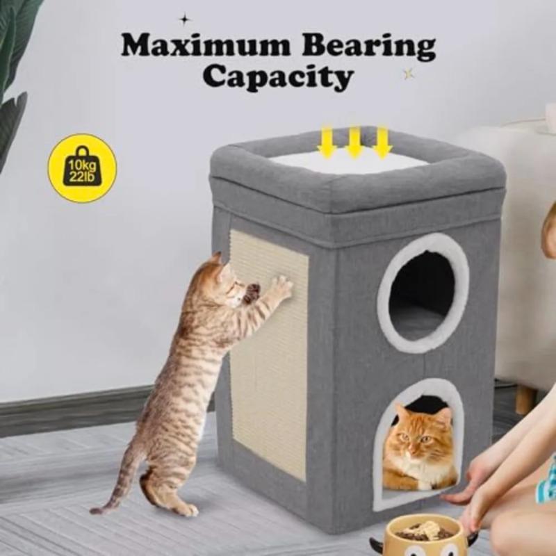 Pet Cat House Large Cat Bed Four Season Universal Double Layered Cats With Fluffy Ball Hanging Cube Beds For Large Kitten Indoor