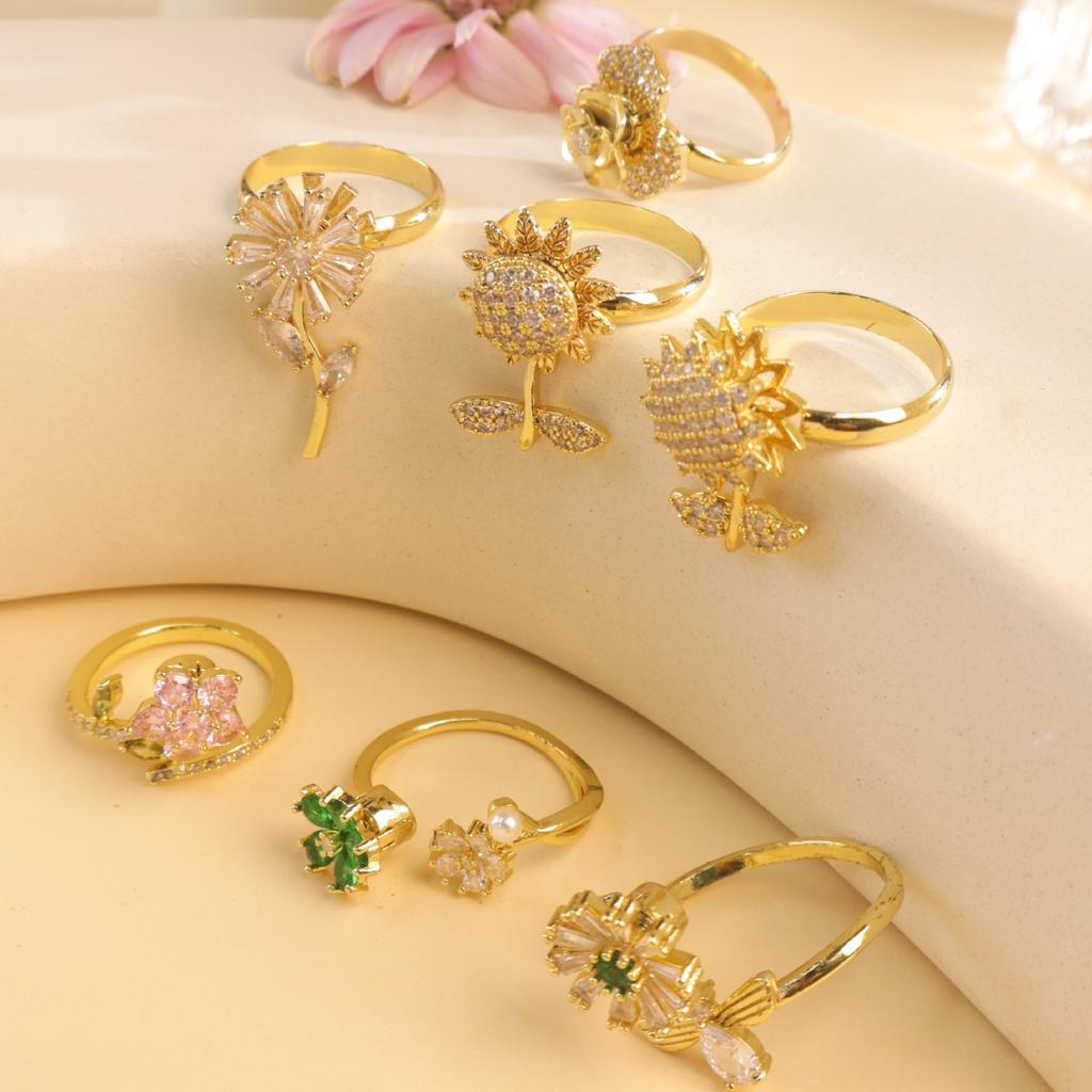 New Light Luxury Adjustable Ring Sunflower Zircon Simple, Fresh, High End Open Ring