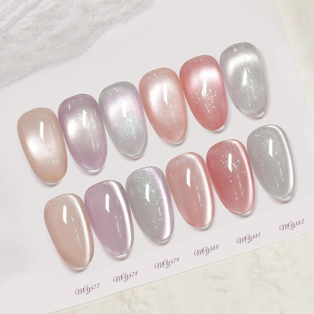 BORN PRETTY Cat Eye Magnetic Gel Nail Polish Peach Light Includes glitter and 7ml 6-Color Set Pink, Nude, Purple, Silver. shimmer. Soak-off, UV/LED