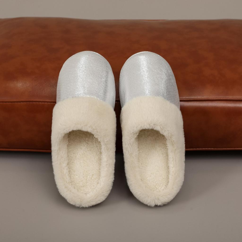 Imitation Fur Shiny Leather Cotton Slippers for Men and Women In Autumn and Winter, Anti Slip, Warm and Thick Fur Confinement Shoes, Bedroom Slippers