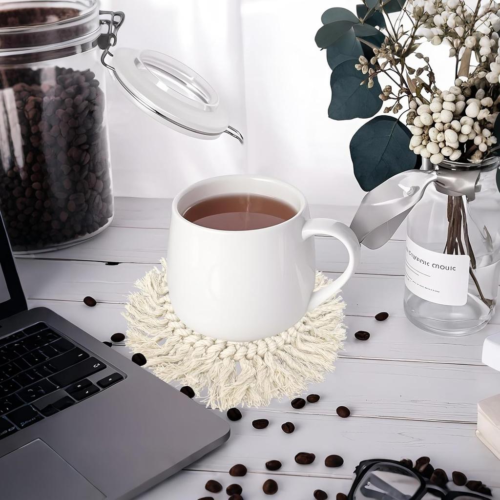 2 Pcs Handmade Coasters with Tassels for Drinks Absorbent Boho Coasters Set White Cotton Coaster for Mugs Cups, Housewarming Present Tabletop