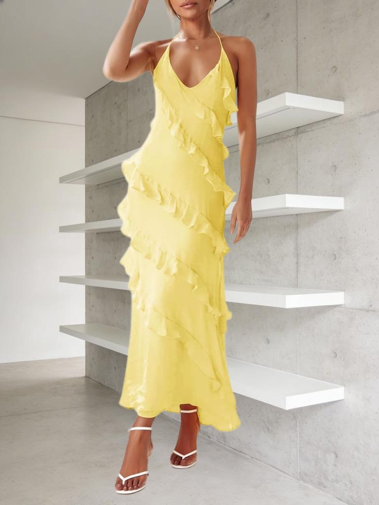 Abito Maxi da Donna in Chiffon con Scollo all'Americana Senza Maniche Schiena Scoperta Ruffle Nappa Abito da Festa