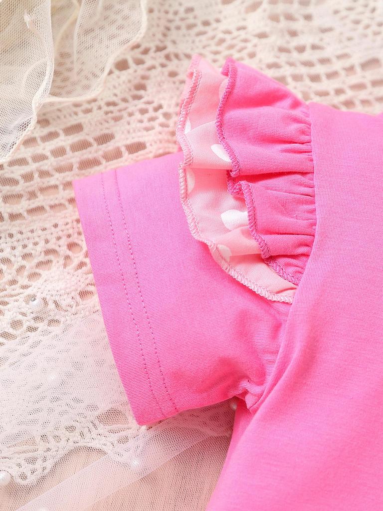 INS Girls' Three-Piece Set: Pink Puff Sleeve Top, Polka Dot Suspender Skirt, and Headband