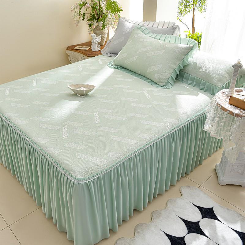 Princess Style Cooling Bed Skirt Set with Ruffled Lace Bedspread - Ice Silk Bean Mat for Summer