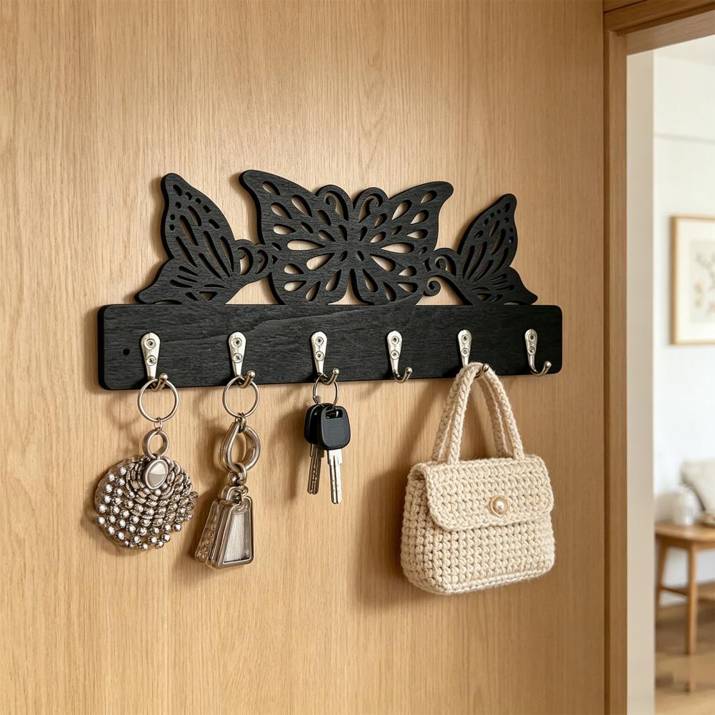 Metal Wall Hook Coat Hook Wall Mount with 6 Metal Hooks Nail-free Key Holder Rack Butterfly Hollow Design Storage for Bags