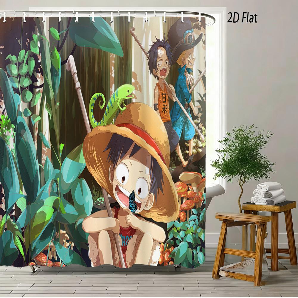 

One Piece Luffy, Ace & Sabo Brothers Bond Fiery Scene 2D Print Waterproof Shower Curtain, Intense Flaming Background With Epic B W60H190(CM)-1 Pcs