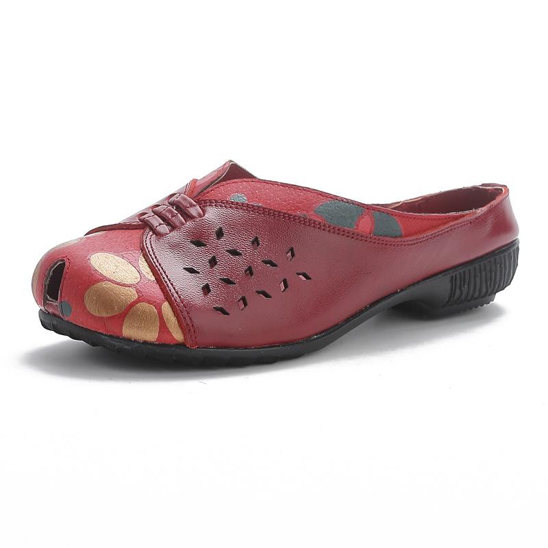 Letní Dámské Ležérní Boty s Nízkým Podpatkem a Plochou Podrážkou v Etnickém Stylu z Pravé Kůže s Potiskem, Dámské Pantofle pro Střední Věk, Prodyšné Děrované Boty