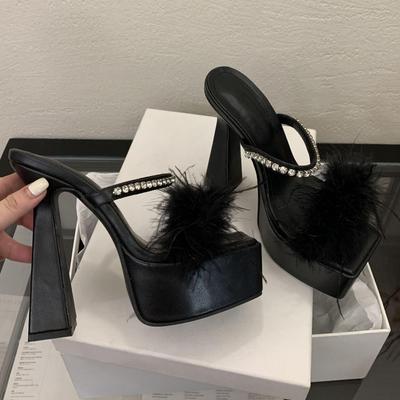 Sexy Slippers Women Rhinestone Fluffy Feather Sandals Platform Chunky High Heels Party Nightclub Ladies Mules Shoes Pantuflas
