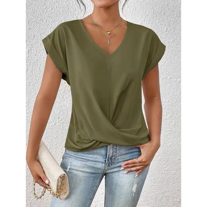 Camiseta elegante de manga corta con cuello en V en color liso para mujer, nueva primavera y verano