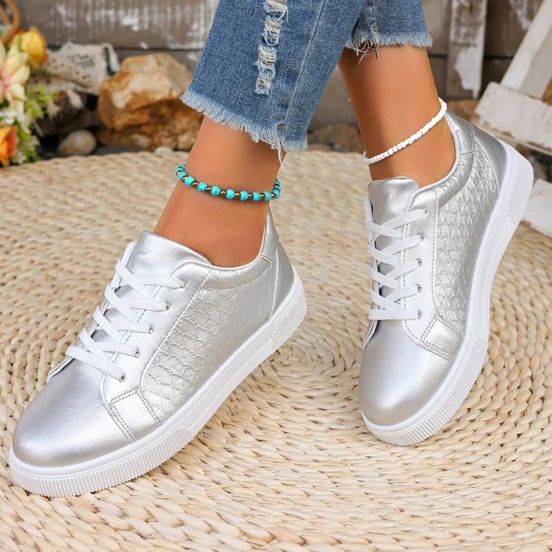 Plus Size 42 Women Gold Sliver Sneakers Spring Autumn New Women Fashion Lace-up Soft PU Leather Board Shoes Ladies Casual Shoes