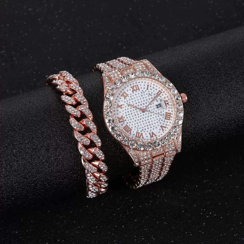 xiaomi 2pcs/set - Glitzy Rhinestone Watch & Cuban Link Bracelet Set - Sparkling Quartz Timepiece with Durable Steel Strap