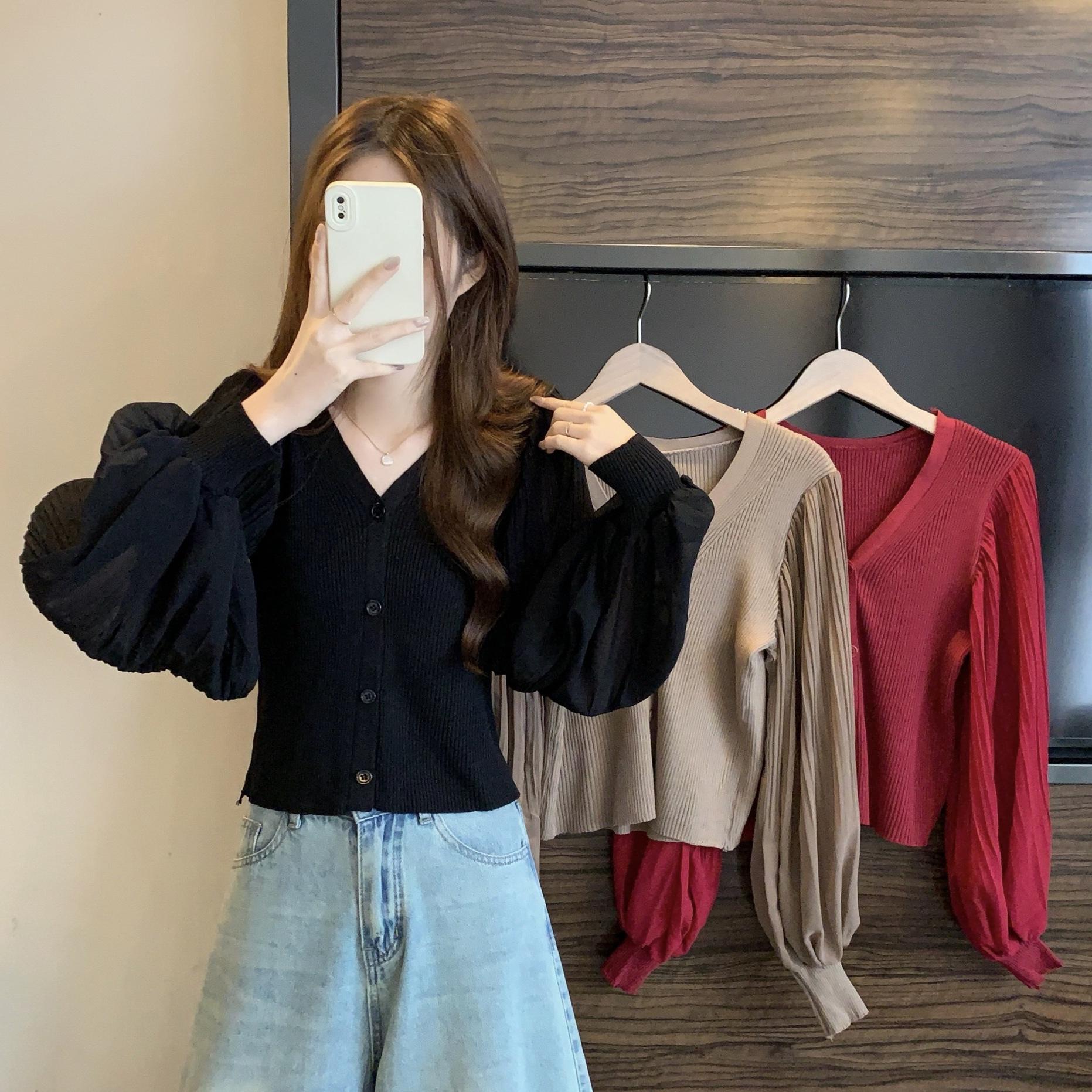 Plus Size Chiffon Patchwork Puff Sleeve Knit Top for Spring 3XL