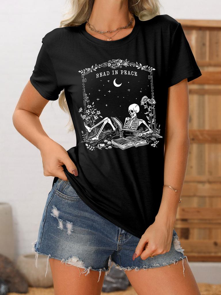 Summer new crewneck Womens casual Tshirt read in peace skull print loose shortsleeved fashion top with all the trend pullove